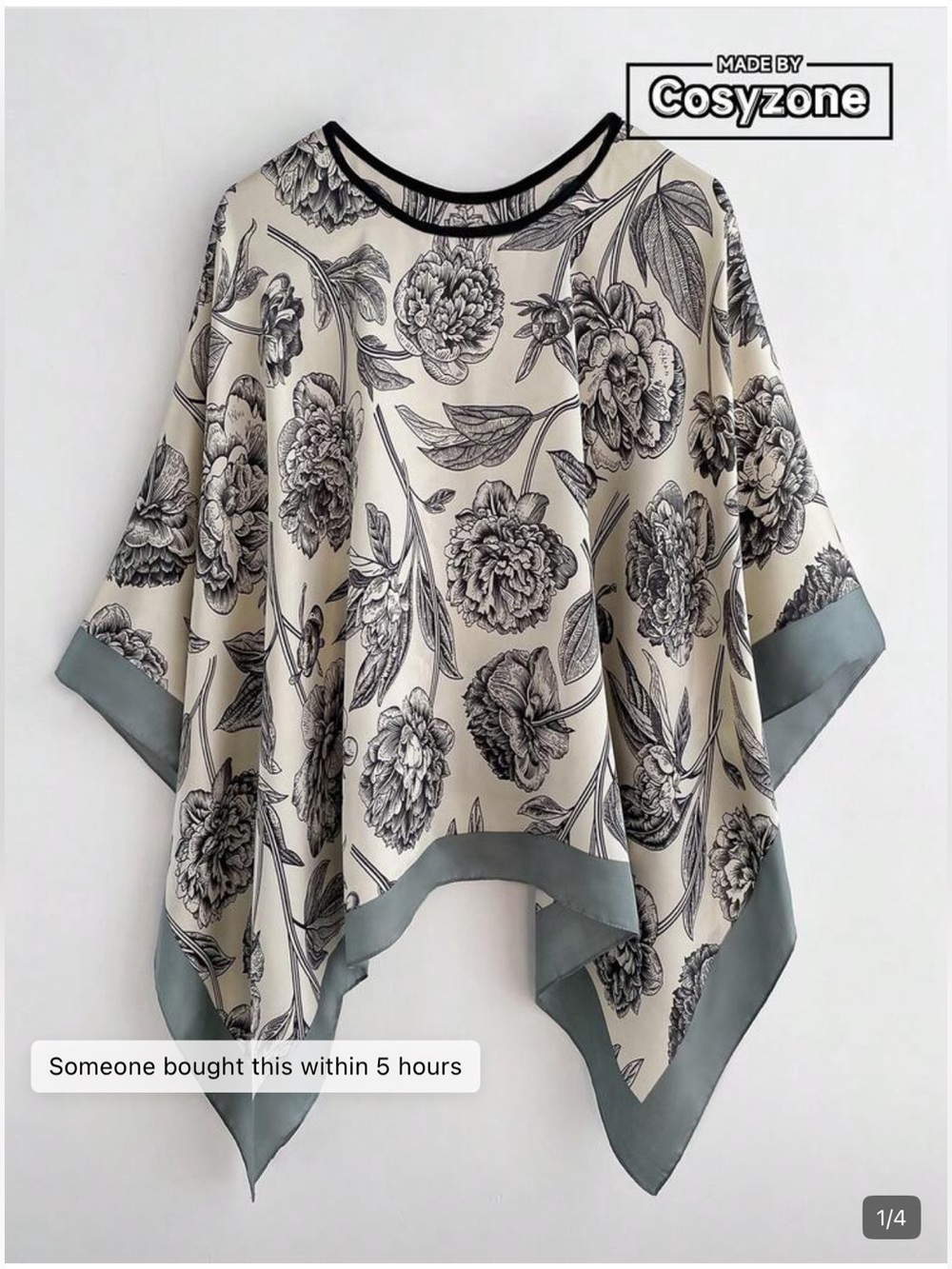 Women's Cream Floral Print Poncho Top with Gray Trim